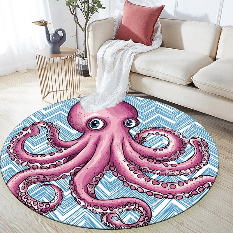 Aquarell-Oktopus,Runder Teppich,Teppich für Wohnzimmer Schlafzimmer Sofa Spielzimmer Dekor,Rutschfeste Fußmatte