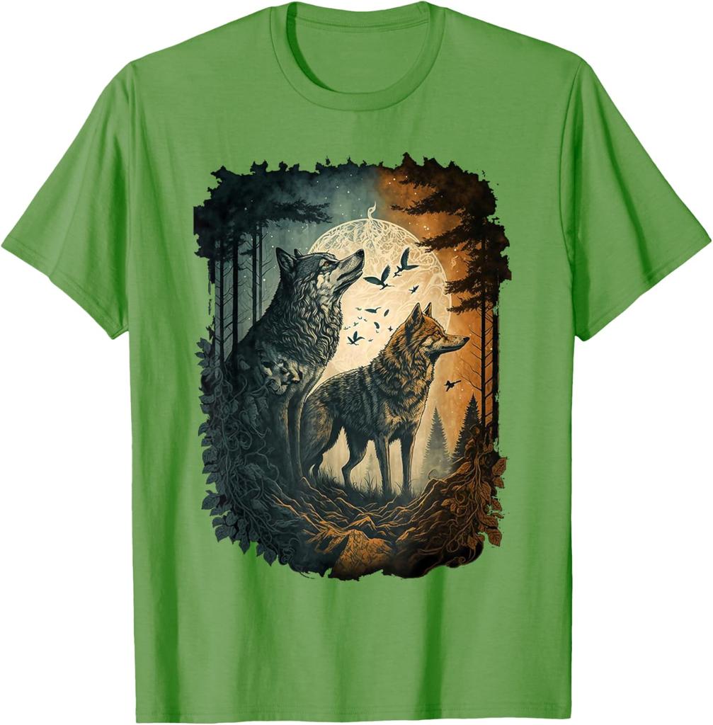 Wolf Howling Moon Forest Graphic Tee Men Women Casual Cotton Crew Neck T-Shirt Spring Autumn