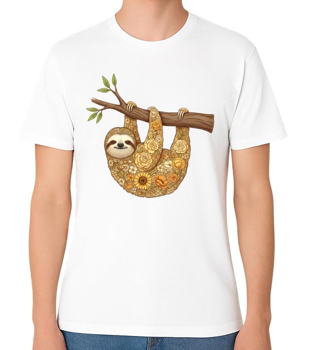 Floral Sloth T-Shirt Cute Hanging Sloth Animal Graphic Unisex Tee S