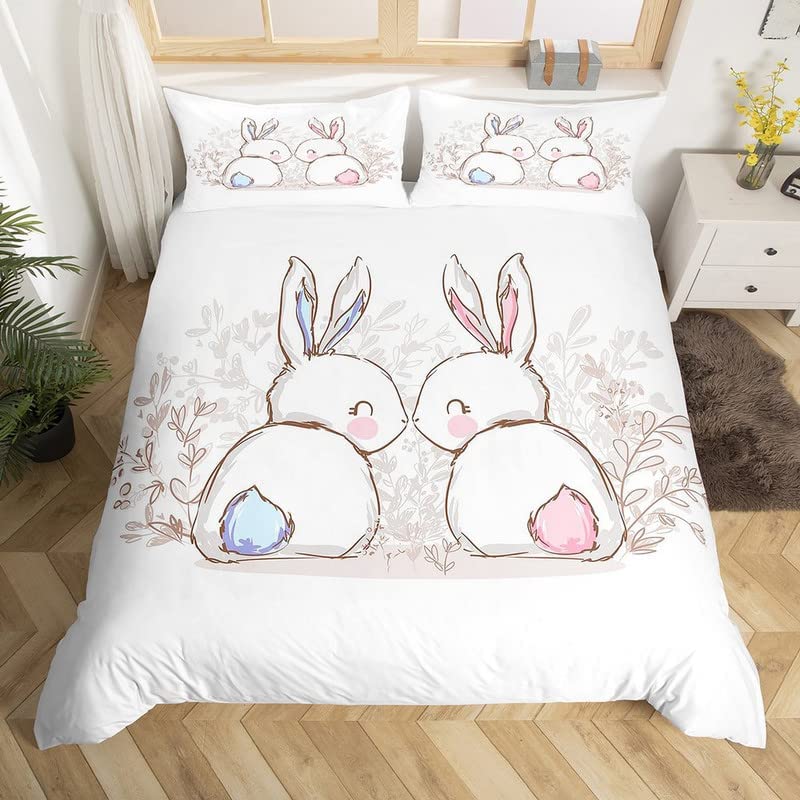 Cartoon Rabbit Duvet Cover Twin Cute Animal On The Moon Quilt Cover Microfiber Cloud Galaxy Space Bedding Set for Boy Girl Gift