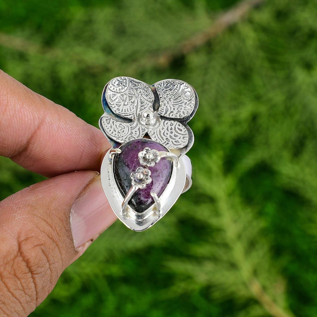 925 Silver Pear Star Ruby Gemstone Trendy Flower Stackable Handmade Ring Jewelry