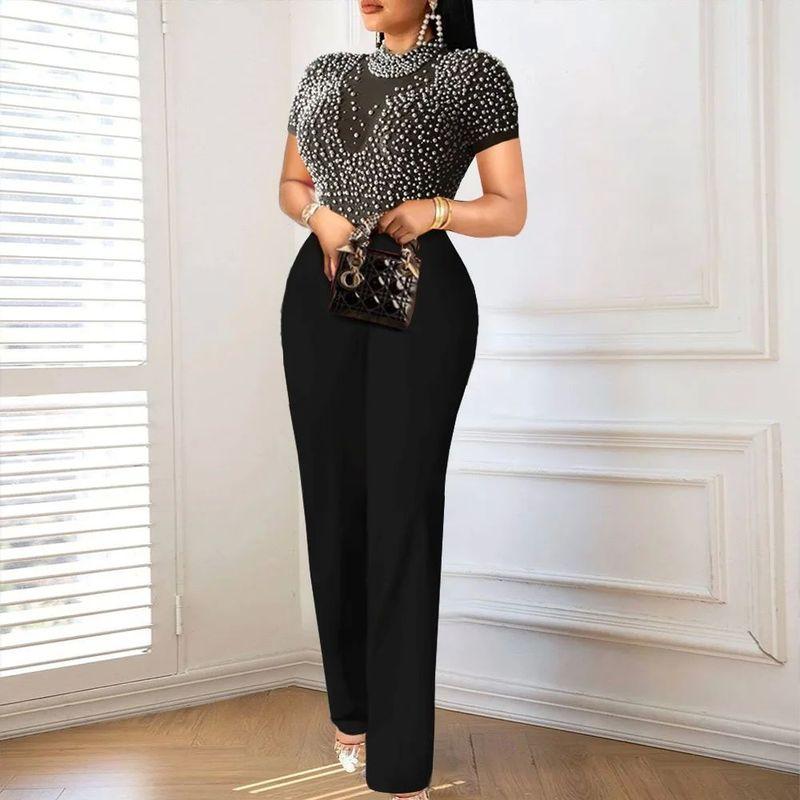 

round Neck Short Sleeve Studded Jumpsuit round Neck Short sleeve Beads One-Piece Trousers Black Jumpsuits XXL