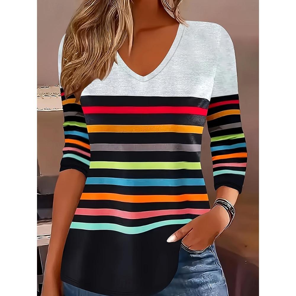 

Футболка женская с полосатым принтом, топ с длинным рукавом и V-образным вырезом, одежда для осени и весны XL