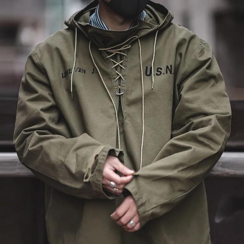 Men's Spring and Autumn Short Hooded Retro Sweatshirt Long Sleeve V-Neck Jacket