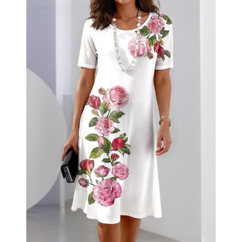 Women's Fashion Summer Spring Flower Pattern Print Short Sleeve O-Neck Casual Dresses