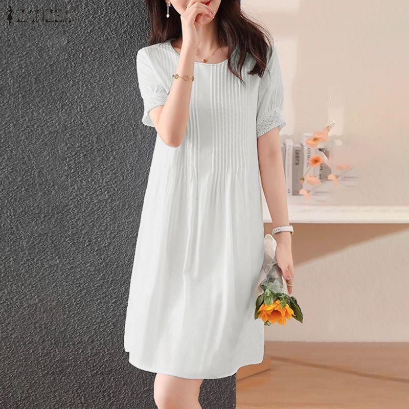 ZANZEA Vestido de Verano Casual para Mujer con Cuello Redondo y Manga Corta