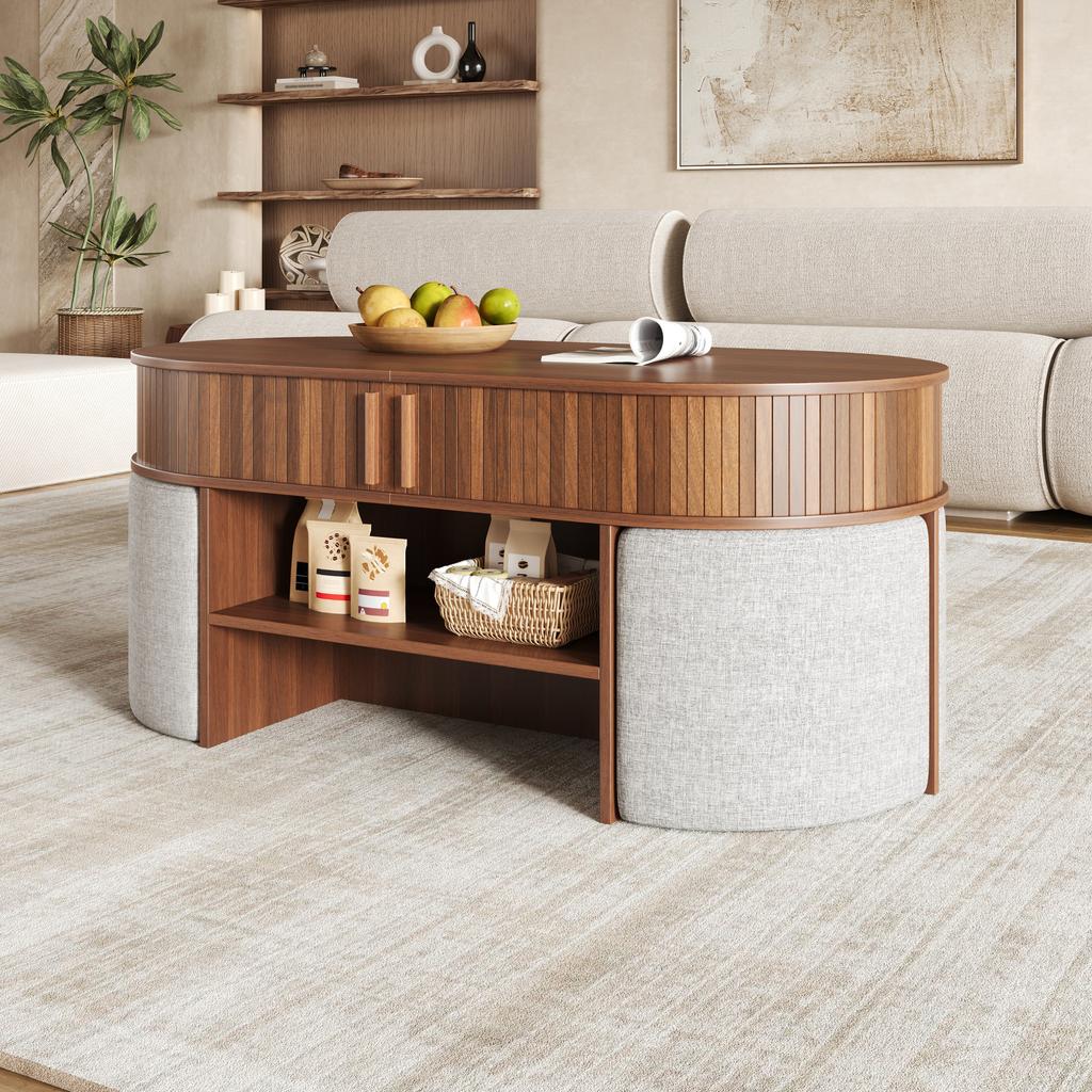 Oval storage coffee table with vertical fluted panelling, set with fabric stools, body made of particleboard+MDF, metal handles, with sliding doors