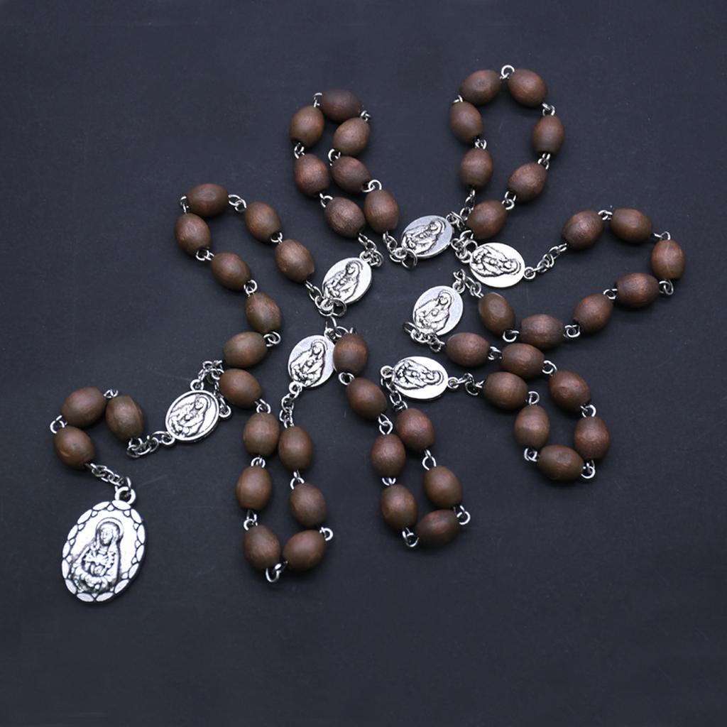 Wood Catholic Rosary Necklace Beads Holy Mother Hanging Pendant Charm for Women Men Church Decoration Meditation Praying