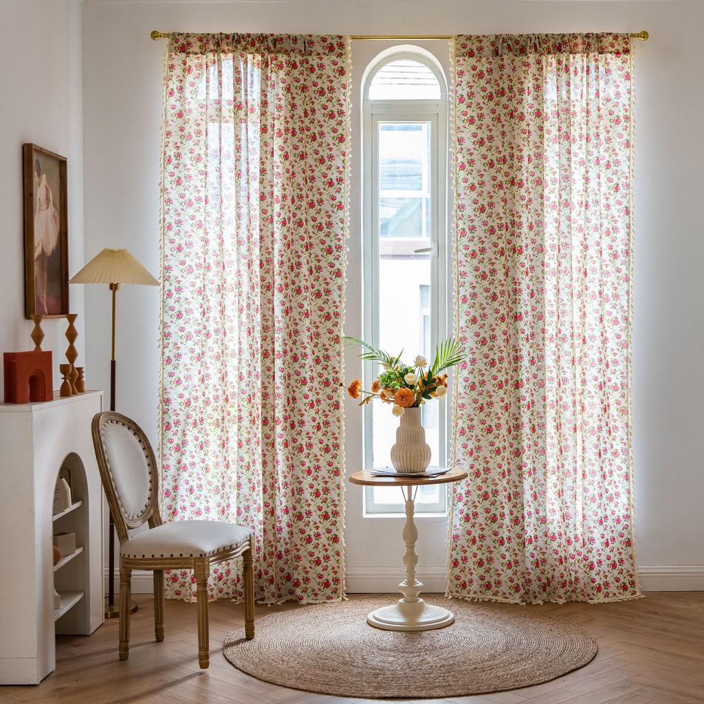 Finished Curtains Small Fresh Cotton And Linen Printing Multi-Bedroom Small Window Semi-Blackout Bay Window Decoration