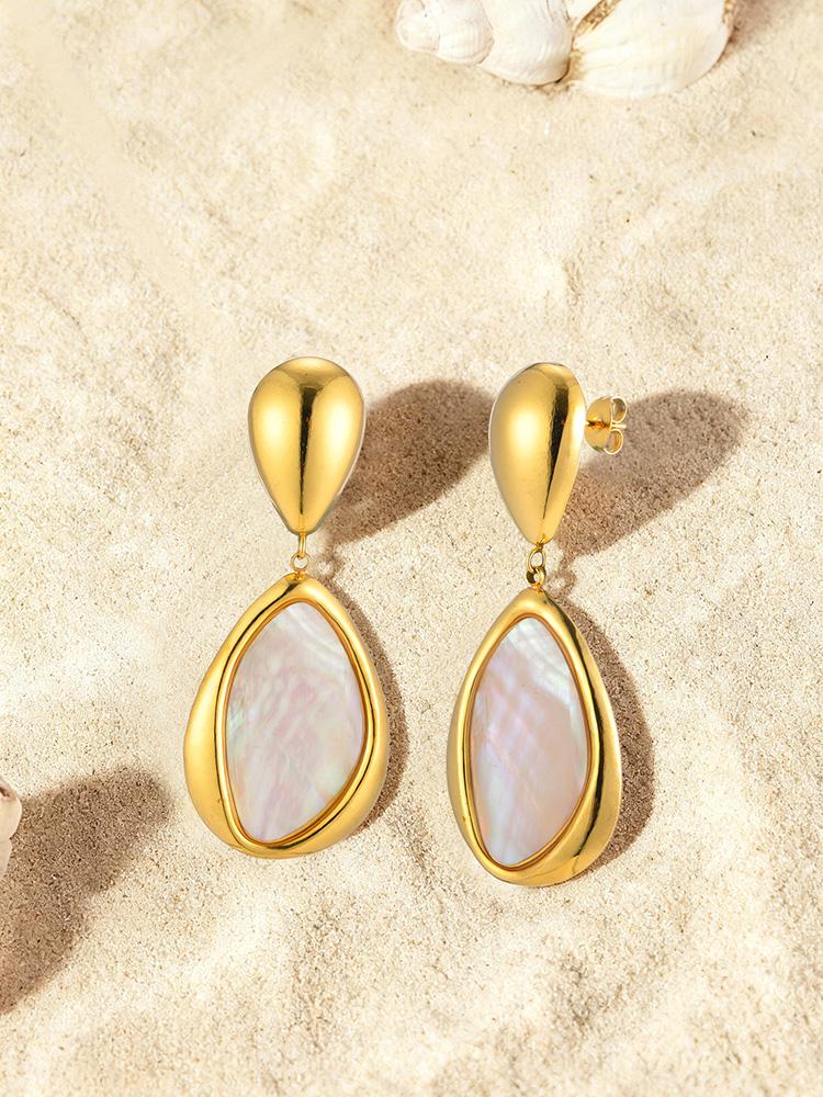 Natural Abalone Shell Teardrop Drop Earrings for Women, Gold Plated Stainless Steel Boho Beach Holiday Jewelry