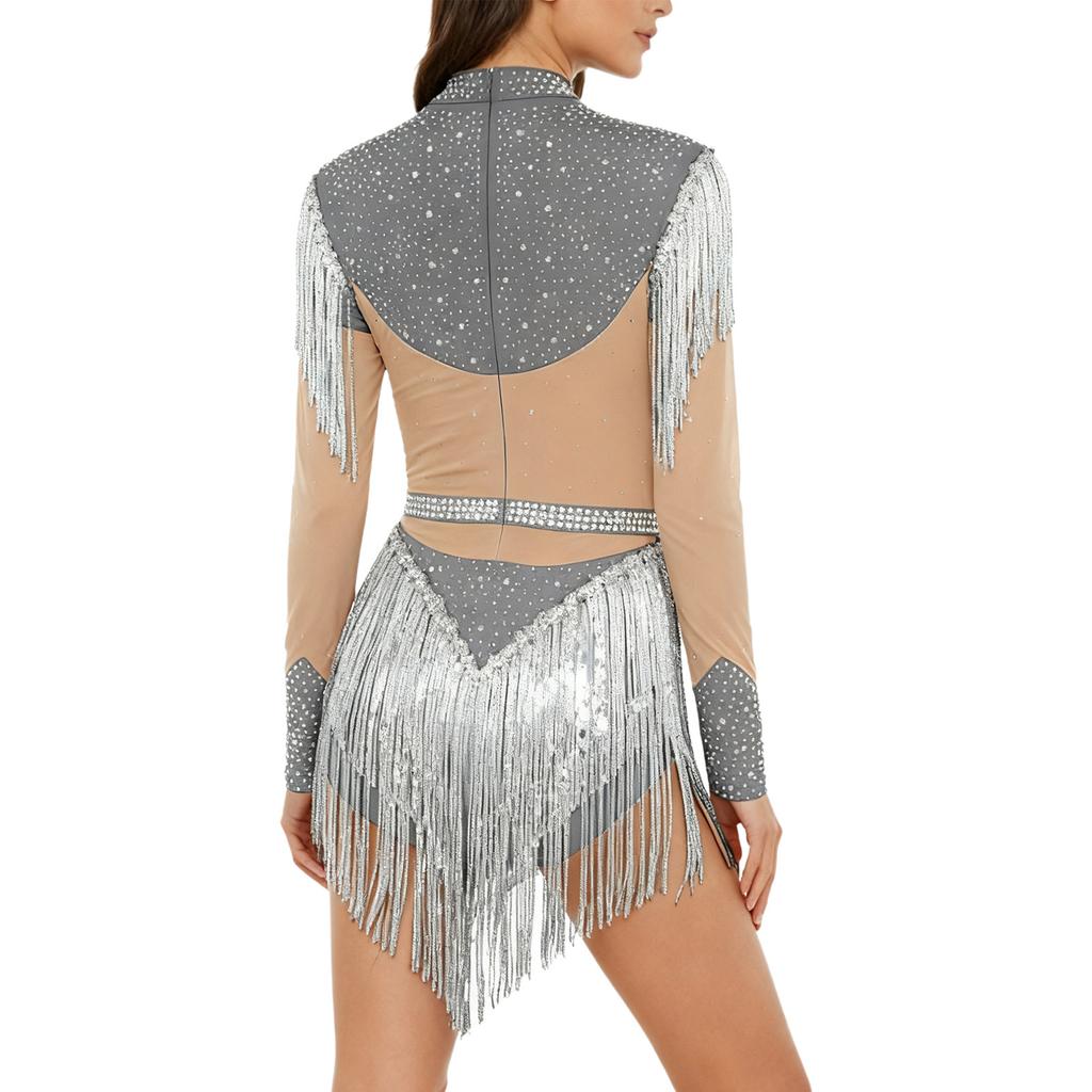 Maillot de patinage artistique pour femme à manches longues, body à paillettes et franges, entrejambe ouvrable, fermeture éclair dans le dos, combinaison de couleur contrastante avec strass