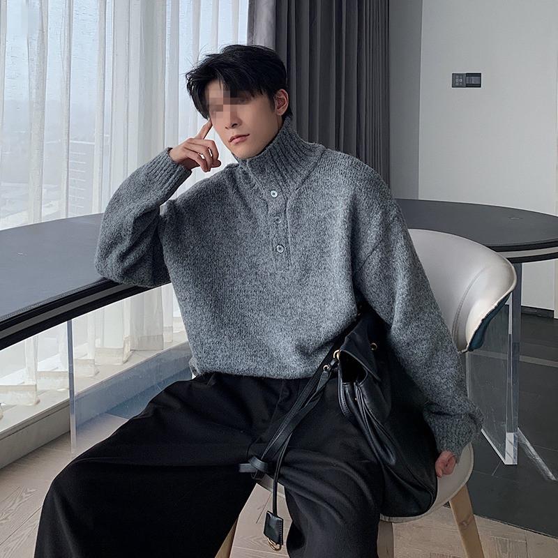 2025 Men's High Neck Korean Style Knitted Sweater - Autumn/Winter Trendy Loose Fit Wool Top