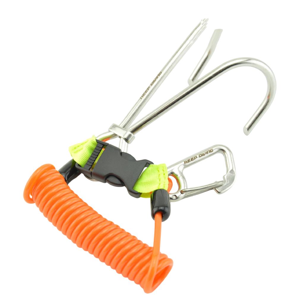 Double Ended Stainless Steel Hook with Spring Safety Lanyard and Quick Release for Underwater Gear