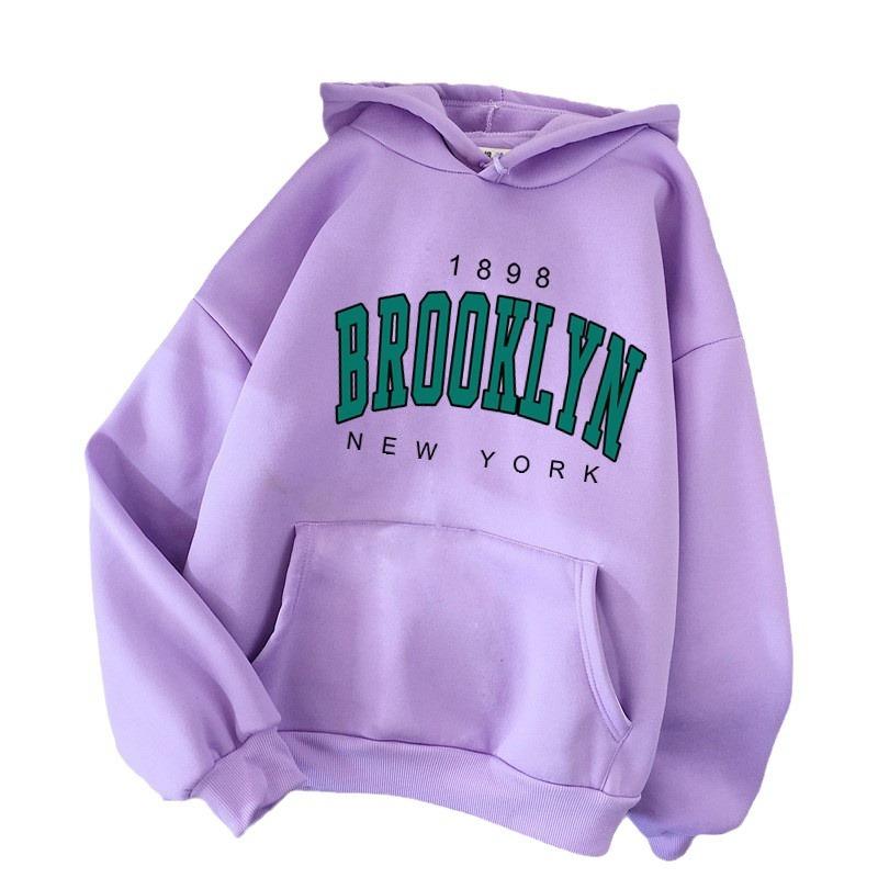 Autumn and Winter Fleece Loose Women's Sweater Hoodie Hot Sale Brooklyn Printed Couple Pullover Sweatshirt
