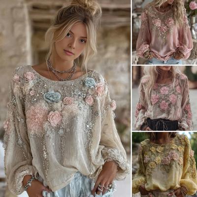 Damen Oberteile Rundhals Langarm Locker Geschnittenes T-Shirt 3D Blumendruck Kunstperlen Dekor Pullover Tops Lässig Bürokleidung