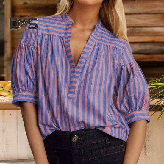 

Женская рубашка с V-образным вырезом и коротким рукавом-фонариком, свободная рубашка с полосатым принтом, летний наряд на каждый день S розовый