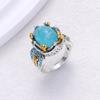 Huajie Elegant Oval Blue Stone Two Tone Engraved Rings for Men Women Vintage Style Banquet Ring  Trend