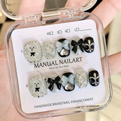 Handmade Wearing Armor, New Internet Celebrity Bow, Black and White Bear Nail Art Patch, Finished Nail
