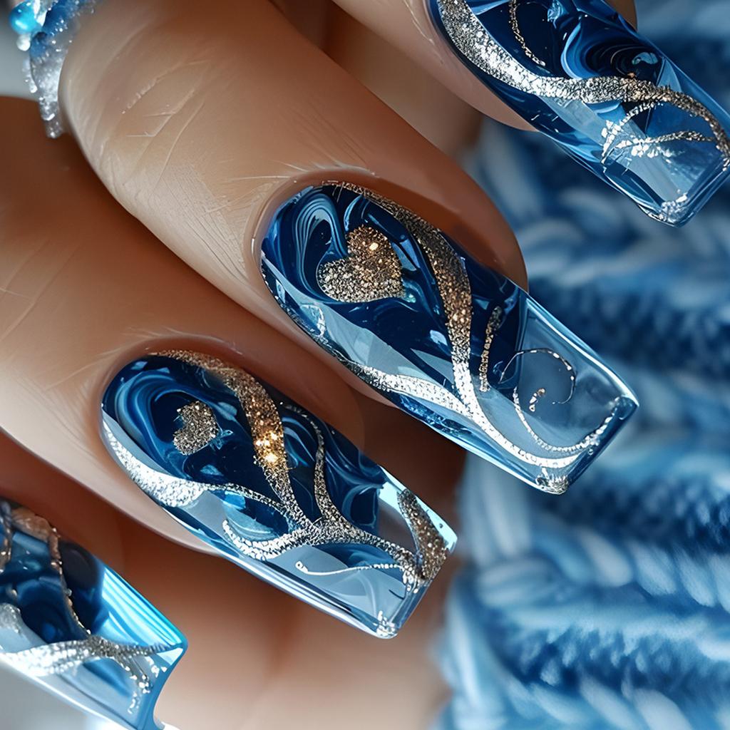 24 Stück Lange Sarg-Pressnägel Goldglitzer Herzdesign Falschnagel Blau Blühende Nagelkunst für Frauen und Mädchen