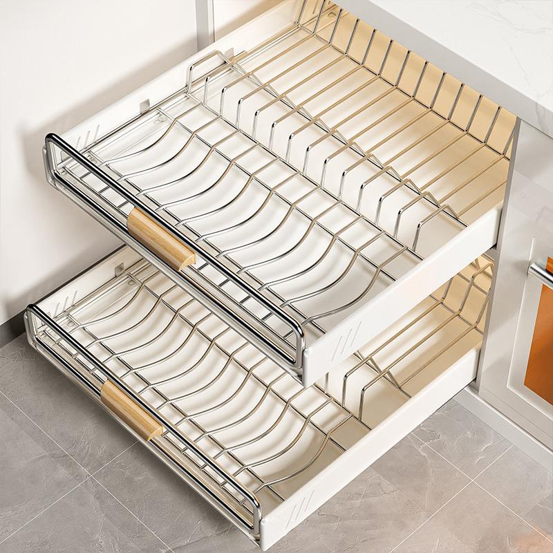 Pull-out Dish Rack With Wooden Handle And Drain Tray Spice Box Storage Rack Cabinets Organizer Kitchen Storage Rack