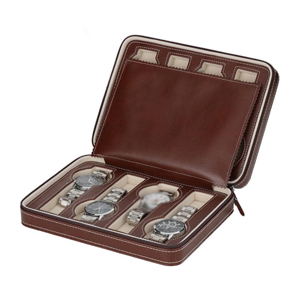 Boîte Rangement Montres 8 Compartiments - Fermeture éclair, Intérieur Velours, Portable - Pour Collection, Voyage, Affaires (noir Ou Marron) - 2