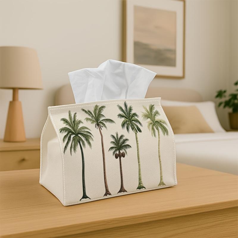 1pc Botanical Palm Tree Tissue Box - Vintage Palm Napkin Holder Suitable for Rolls/Facial Tissues, Beige & Palm Trees Storage Organizer for Home, Car,