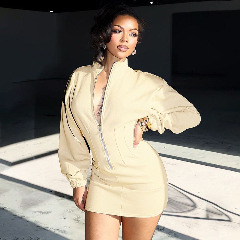 European and American Export Women's Clothing Autumn and Winter Casual and Comfortable Long-Sleeved Stand-Up Collar Zipper Waist Sweatshirt Dress