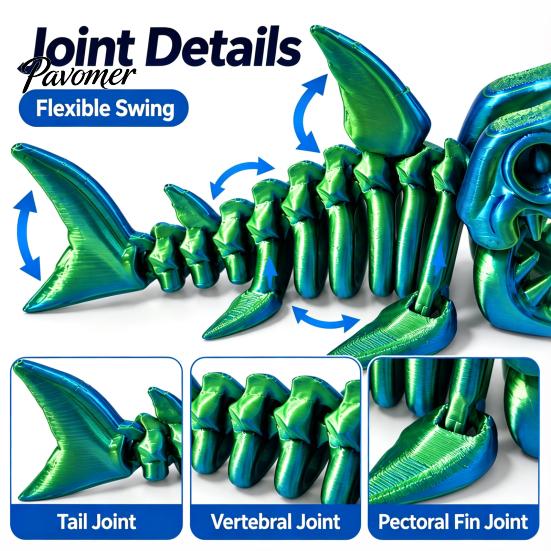 Cool Office Desk Decoration 3D Printed Articulated Skeleton Shark Figurine, Pearlescent Flexible Joint Movable Spine Toy Bone Toy, Fidget Decor, Gift