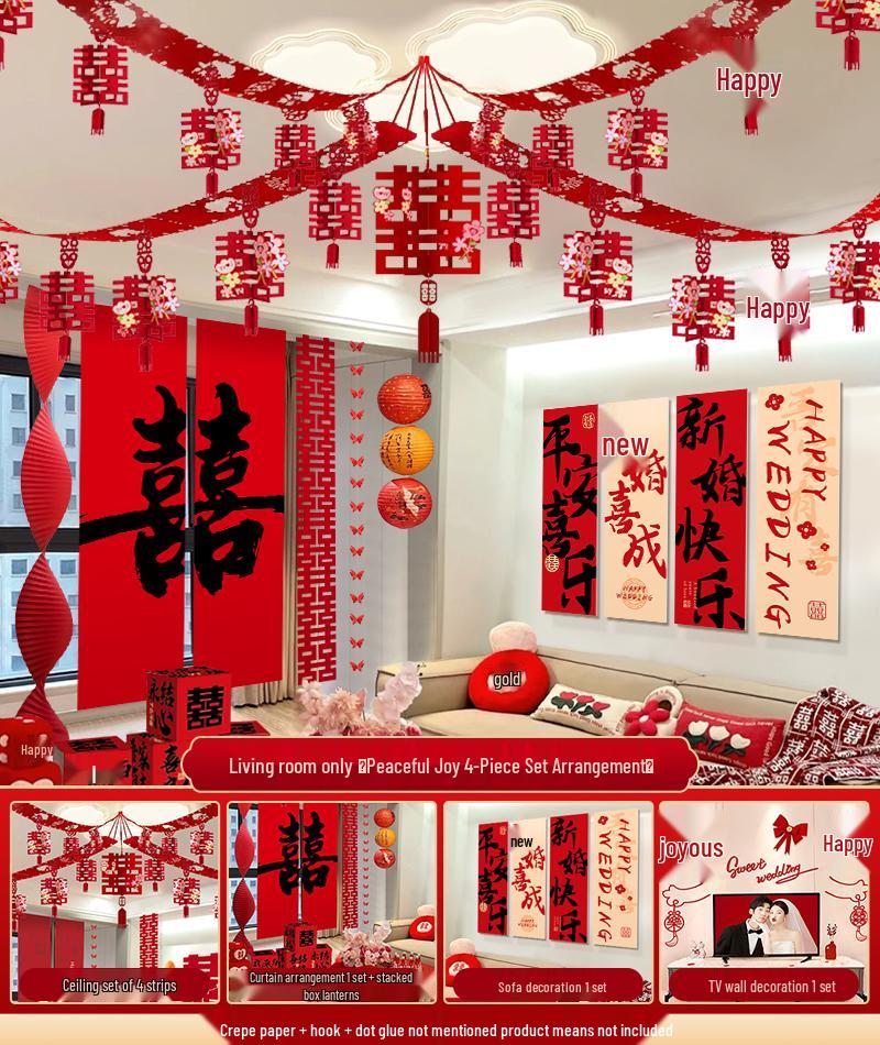 Hanging Double Happiness Cloth Banner for Wedding and Engagement Decor In Living Room or Hotel