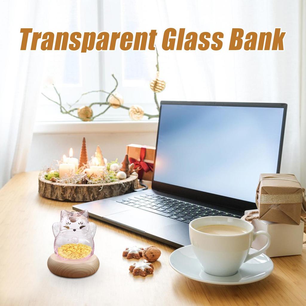Clear Glass Coin Bank Small Gold Bean Bank Clear Gold Bean Container Cat Shape Saving Jar for Bookshelf Display Stand Wishing