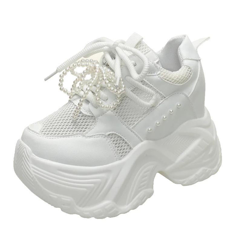 Fashion 10CM Women's Mesh Dad Shoes Thick Bottom Platform Sneakers New 2025 Summer Casual High Heel Sport Shoes Breathable Pearl Loafers