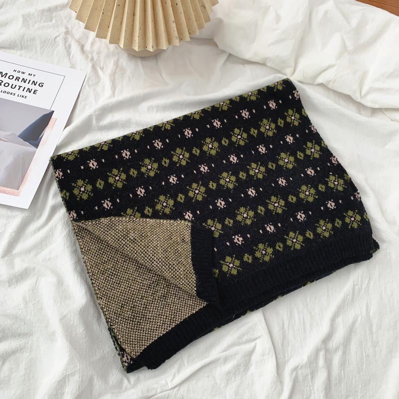 Winter New Ins Floral Wool Scarf Thickened Warm Scarf Student Japanese Retro Scarf Versatile