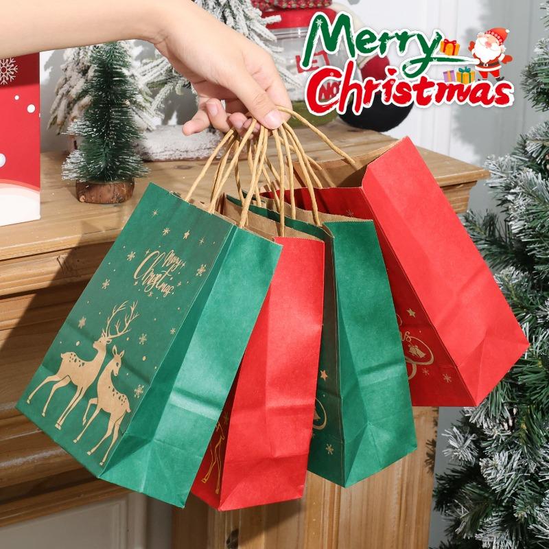 1/20 Red Green Christmas Bags  Kraft Paper Biscuit Candy Packaging Bag Xmas Tree Gift Pouch Home Decor Xmas Party Accessories
