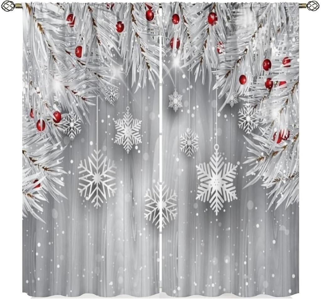 Christmas Curtains Red White Snowflakes Xmas Merry New Year Winter Holiday Party Decor Window Drapery Treatments Curtain Made Of Polyester