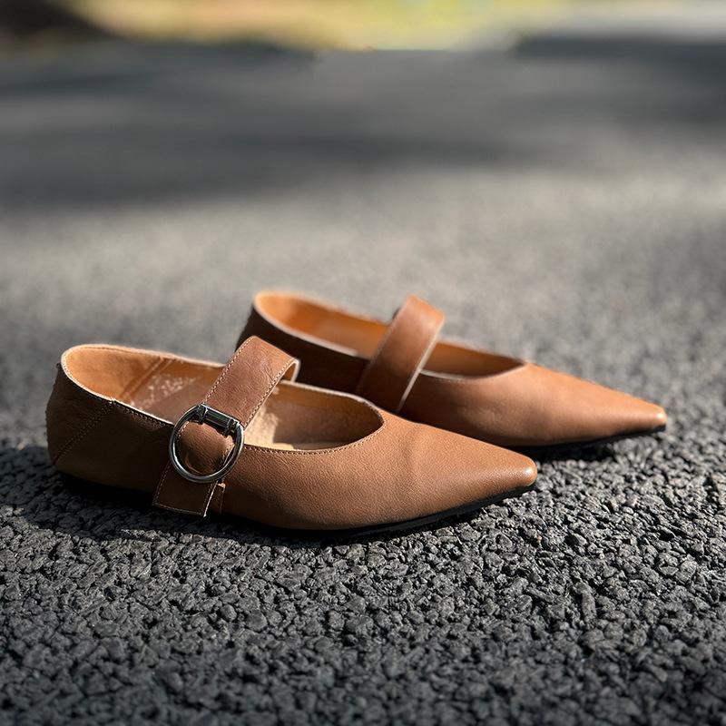 Johnature Retro Mary Jane Pointed Toe Women's Shoes Versatile Genuine Leather Soft Soled Flat Shoes