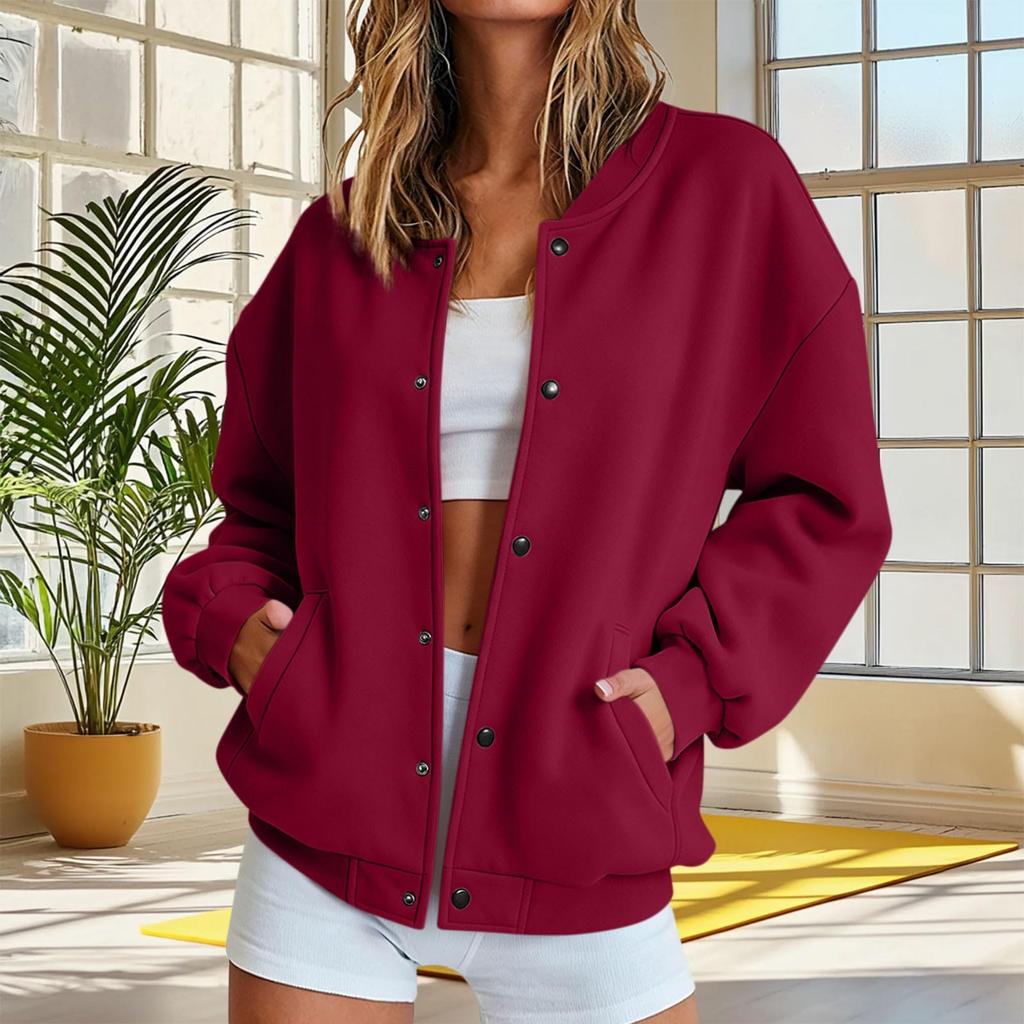 Women's Casual Button-Up Baseball Jacket with Pockets for Everyday Wear