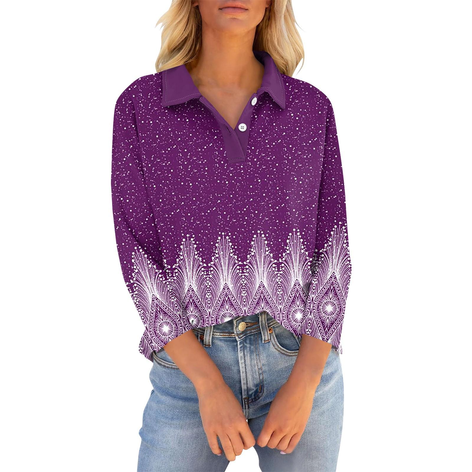 

Женская футболка с рукавом четверть, рубашка с v-образным вырезом на пуговицах, свободный топ с винтажным цветочным принтом S фиолетовый