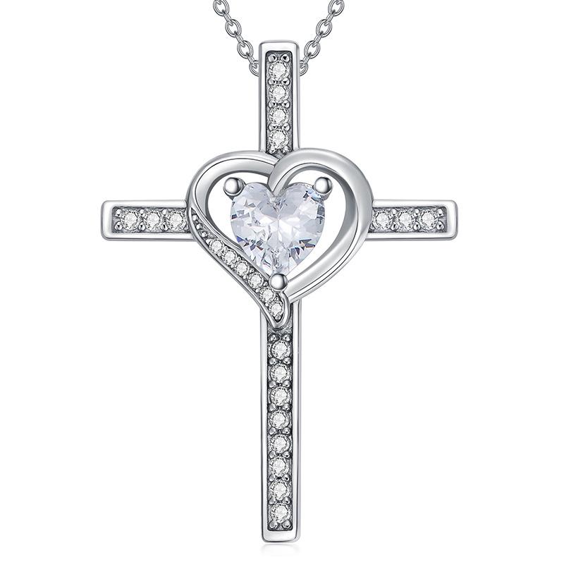 

S925 Silver Peach Heart & Zircon Cross Necklace 925 Silver серебряный