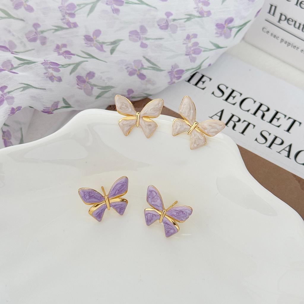 Sweet color butterfly earrings temperament light luxury small fresh versatile earrings butterfly purple exquisite niche