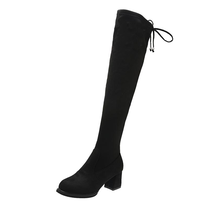 Women's 2025 New Korean Style Over-the-Knee Round Toe Chunky Heel Lace-up Boots Fashion