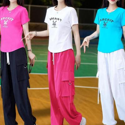 Conjunto de Baile Cuadrado de Verano para Mujer 2025: Elegante Top Aeróbico y Pantalones Amplios de Algodón
