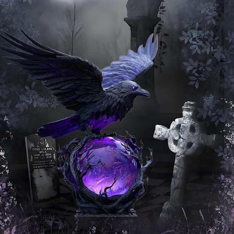 "Raven's Moonlight" Gotische Led Lamp – Mysterieuze Kraai Op Gloeiende Bol Sculptuur, 3D Holle Lantaarn Met Violet Licht