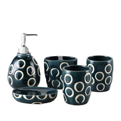 Nordic Ice Cracked Ceramic Wash Set Navy Blue Circle Toothbrush Cup Five-Piece Set Portable Soap Dispenser Bathroom Accessories
