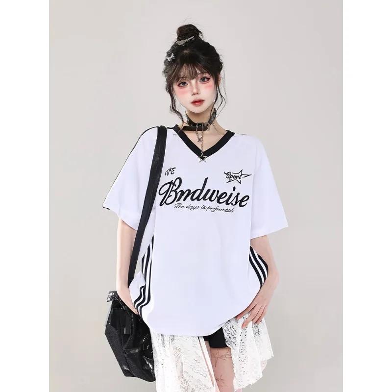 

Ретро мода контрастна дихаюча спортивна футболка з V-подібним вирізом, вільна, з коротким рукавом, для літнього повсякденного верху для жінок S