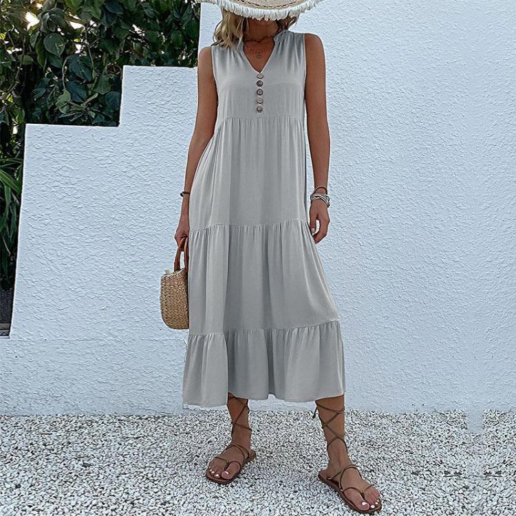 Robe d'été pour femme, coupe trapèze, longueur genou, sans manches, couleur unie, col en V