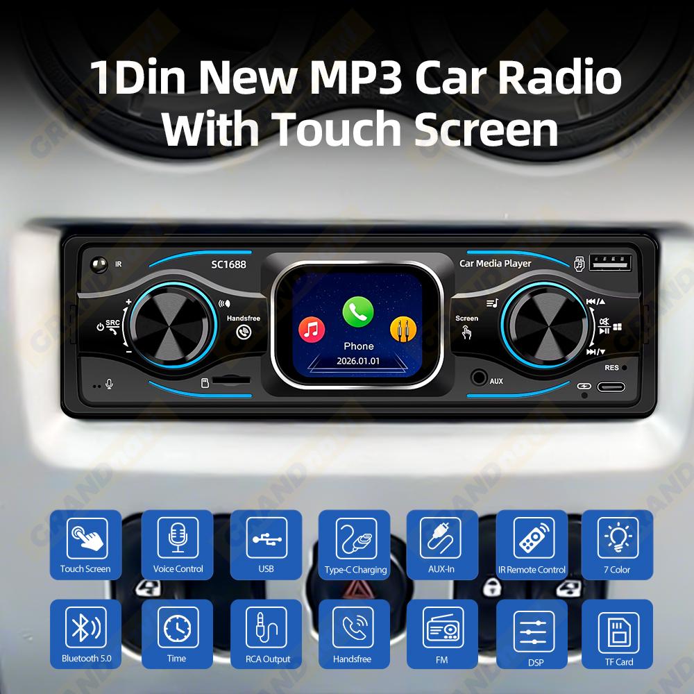 2026 Portable 1 Din Car Radio MP3 Player Touch Screen Auto Radio in-dash Bluetooth USB/SD/AUX-IN Colorful Lights DSP with Voice Assistant Time Display
