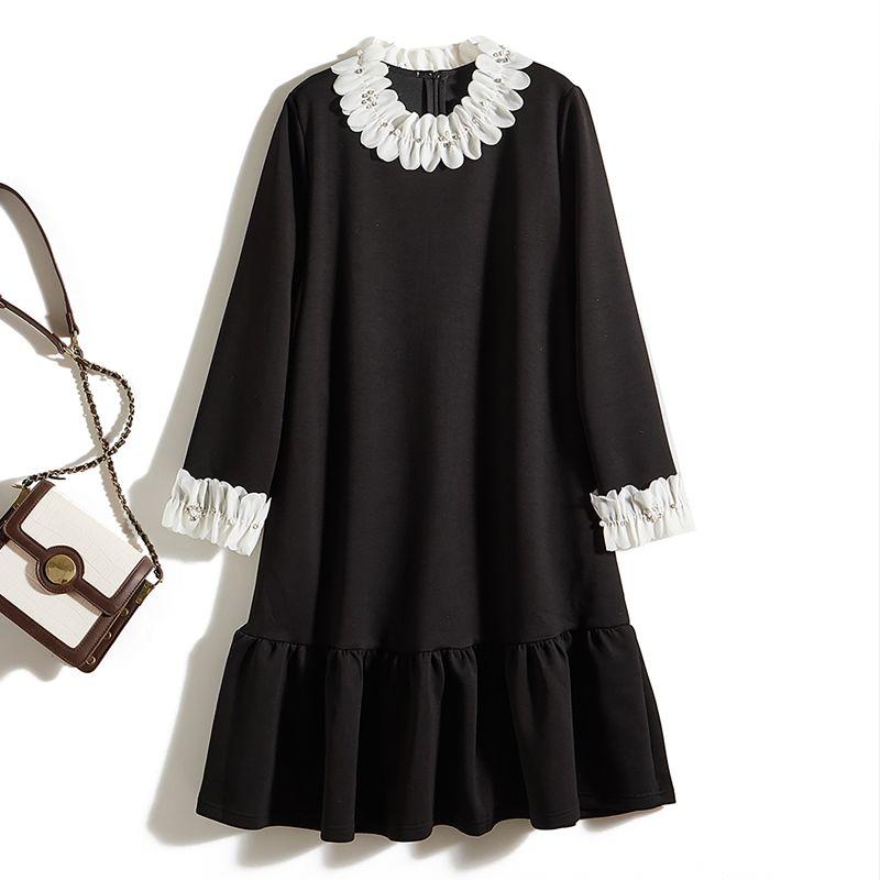 

Цифровая резка Трехмерный воротник-лепесток Черное платье! Женское осенне-зимнее платье из смесового хлопка с драпировкой, оборкой «рыбий хвост», длинными рукавами и карманами Black XL recommend 62.50kg