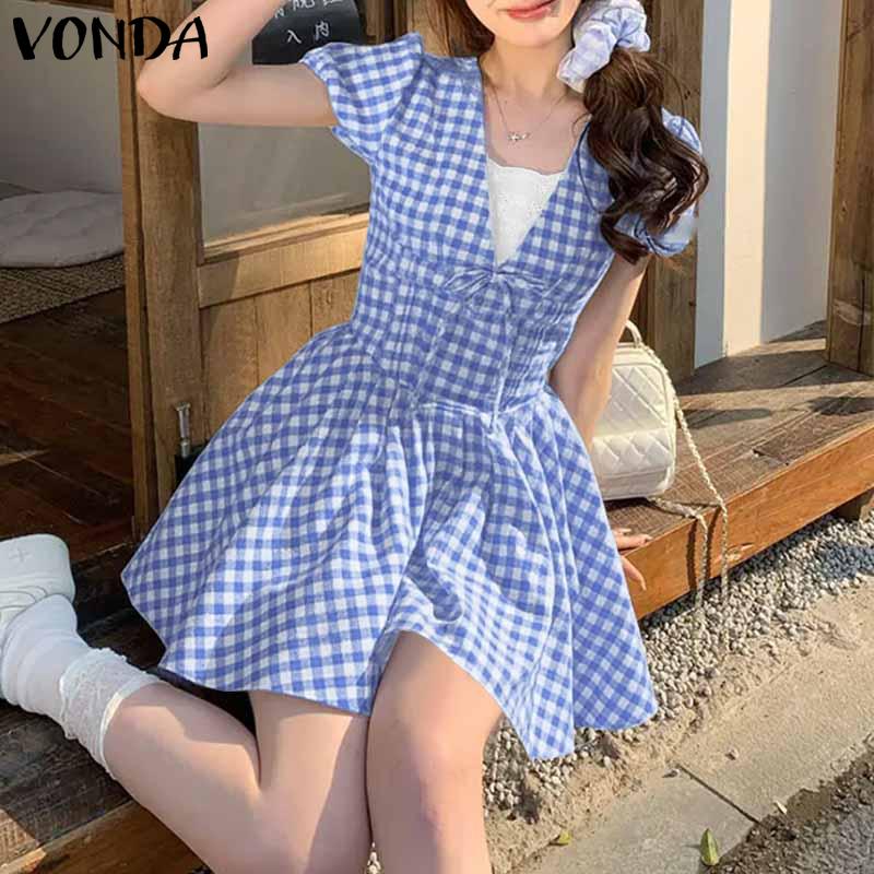 VONDA Women Patchwork Lace V Neck Puff Sleeve Plaid Print Casual Ruffled Dress