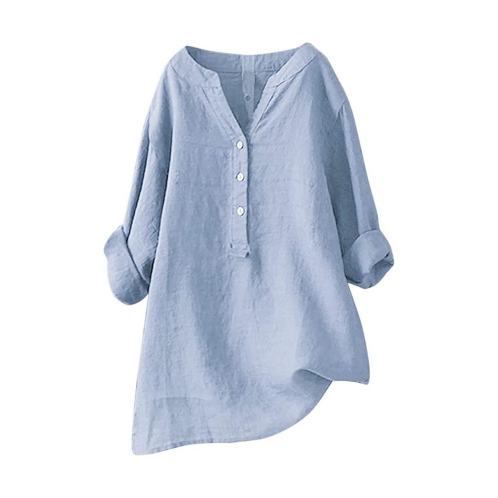 Women's Solid Color Long Sleeve Shirt with Stand Up Collar Casual Loose Blouse Button Down Tops