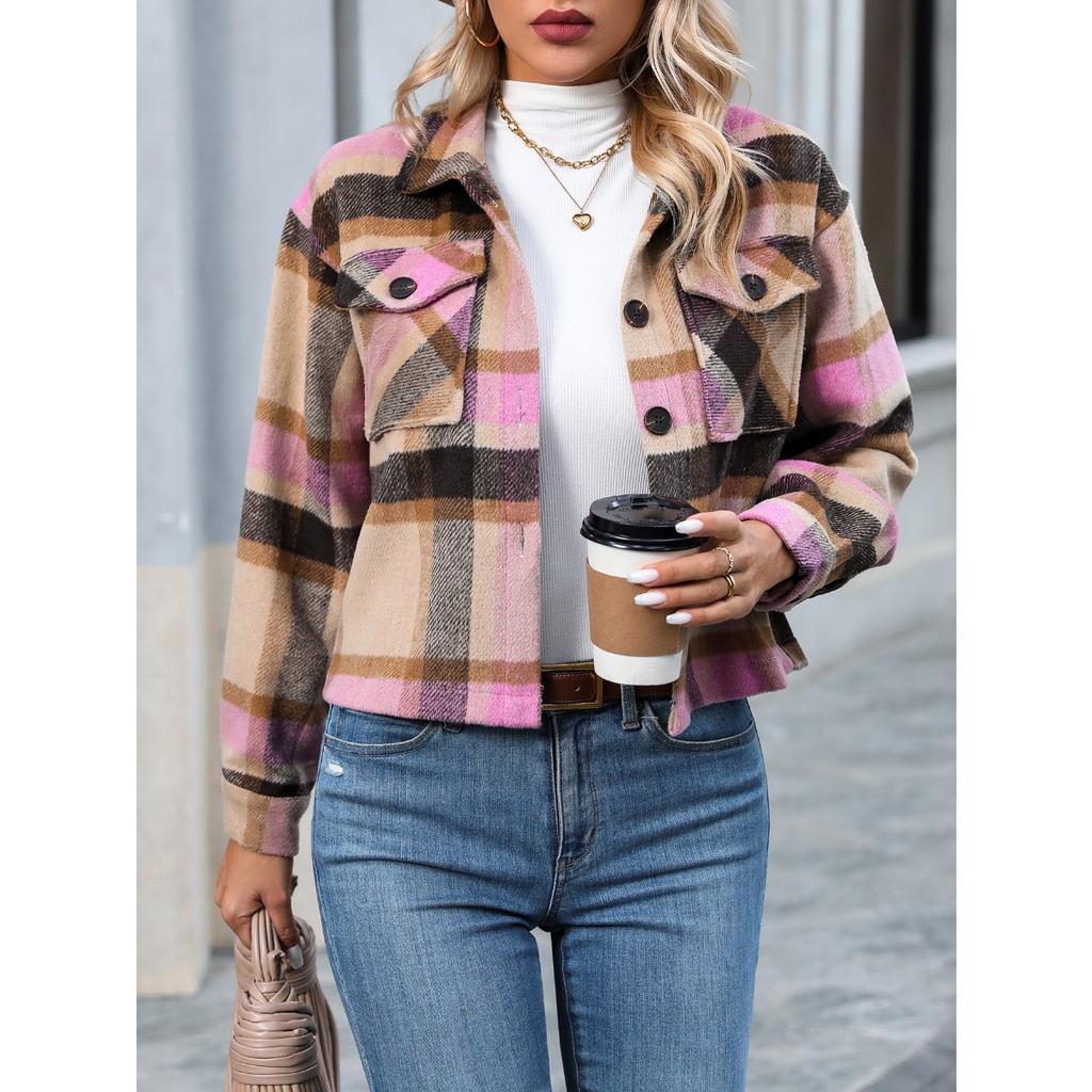 Fall Winter New Fashion Casual Plaid Short Woolen Coat for Women with Pockets, European American Crossbody Women's Outerwear